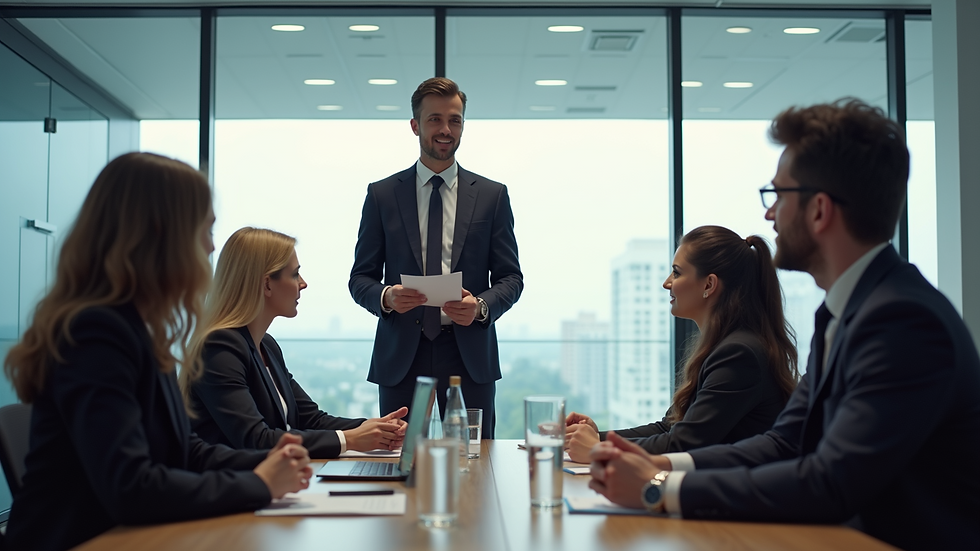 Eye-level view of a modern office meeting room with a consultant presenting to executives