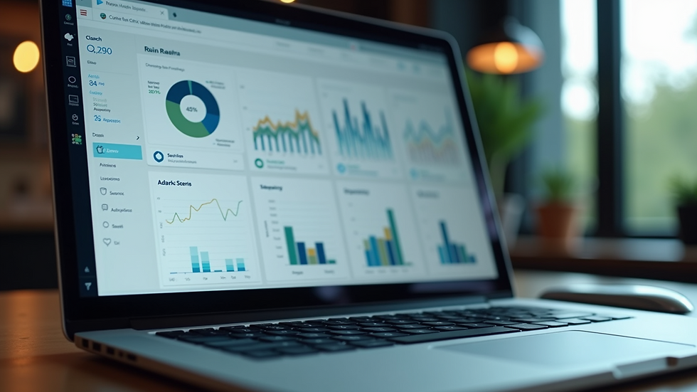 Close-up view of a laptop screen showing a data visualization dashboard with charts and graphs