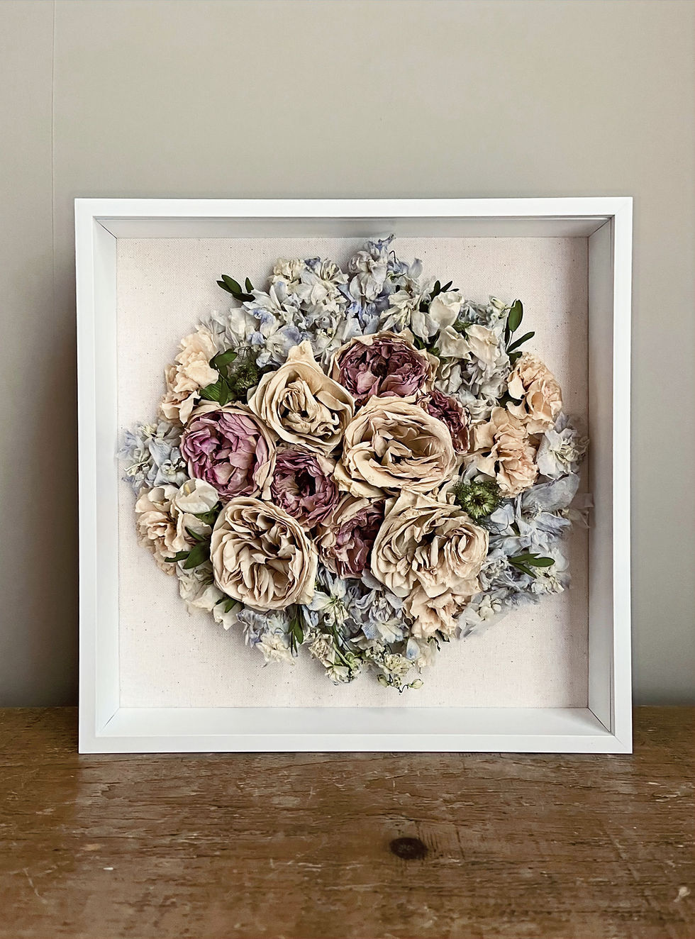 Thumbnail: Preserved bridal bouquet arranged in a deep box frame