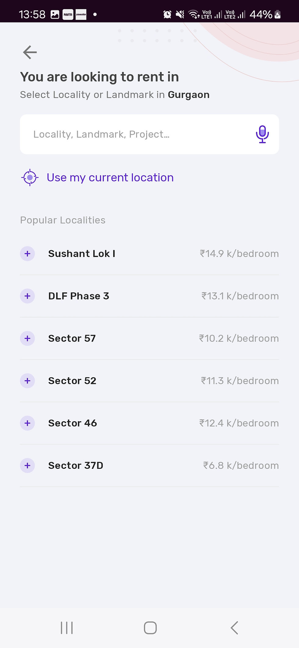 Housing mobile application search page