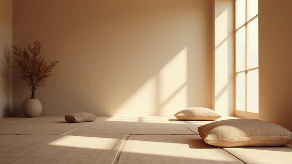 Eye-level view of a serene meditation space with cushions and soft lighting