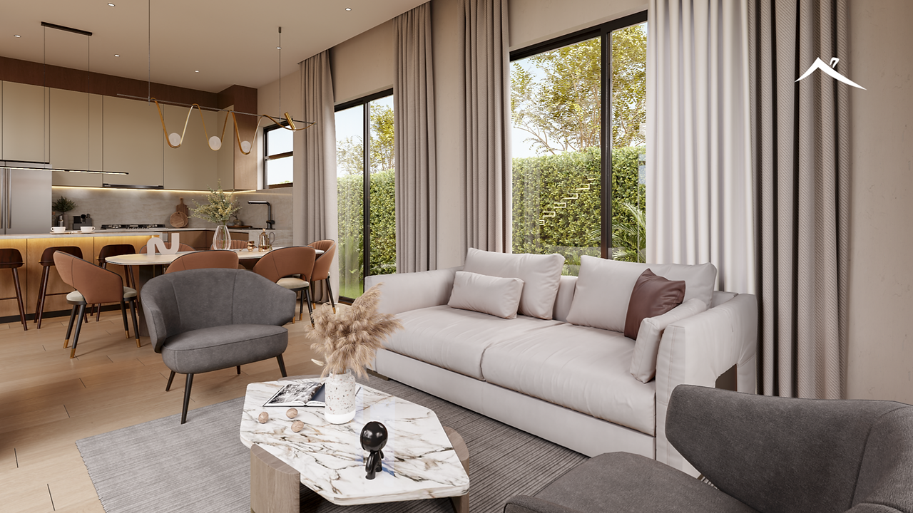 alt="Wohnbereich Tisch und Sofa Midtown Residenz Punta Cana Immobilien"