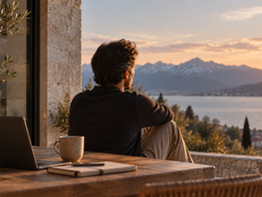 Dirigeant assis face à un lac et aux montagnes, prenant du recul sur sa vie professionnelle et son entreprise.