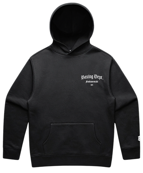 Hoodie Front-Black boxing hoodie with boxing department logo on chest