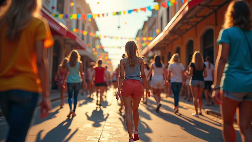 Eye-level view of a vibrant street festival with colorful decorations and people celebrating