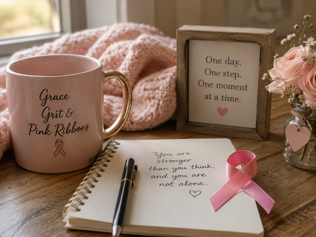 Soft pink breast cancer ribbon resting beside a journal in warm morning light, symbolizing hope, healing, and support for women newly diagnosed with cancer.