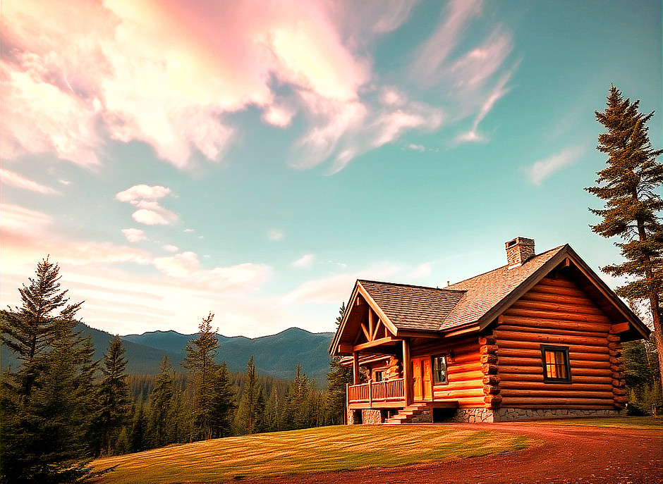 log cabin in mountains with nice sky_edi