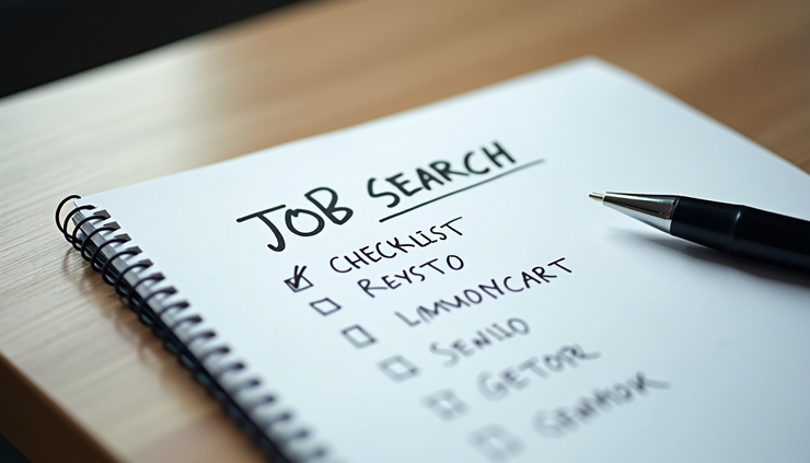 High angle view of a notebook with a checklist titled 'Job Search Reset' and a pen ready to check off tasks