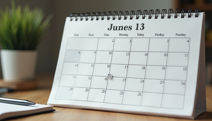 Eye-level view of a desk with a calendar open to a new month and a notebook ready for planning