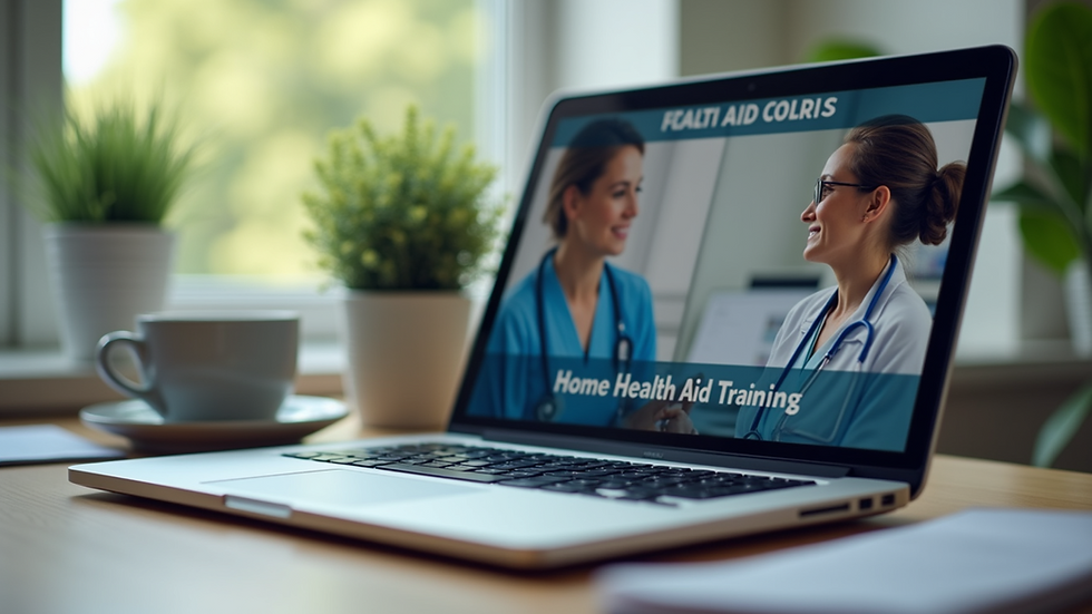 Eye-level view of a laptop on a desk with a home health aide training course on screen