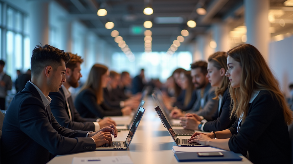 Eye-level view of a career fair with students engaging with employers