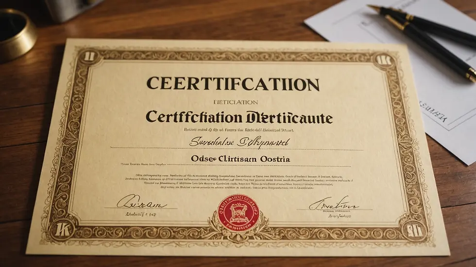 Close-up view of certification certificate on a wooden desk