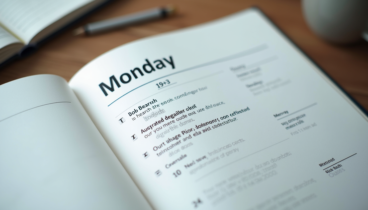 Close-up view of a calendar planner open to Monday with job search tasks written down