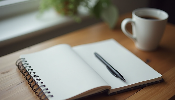 Eye-level view of a tidy workspace with a notebook, pen, and coffee cup