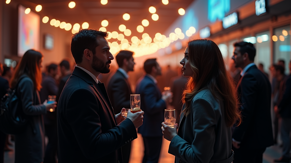 Eye-level view of a networking event with people engaging in conversation