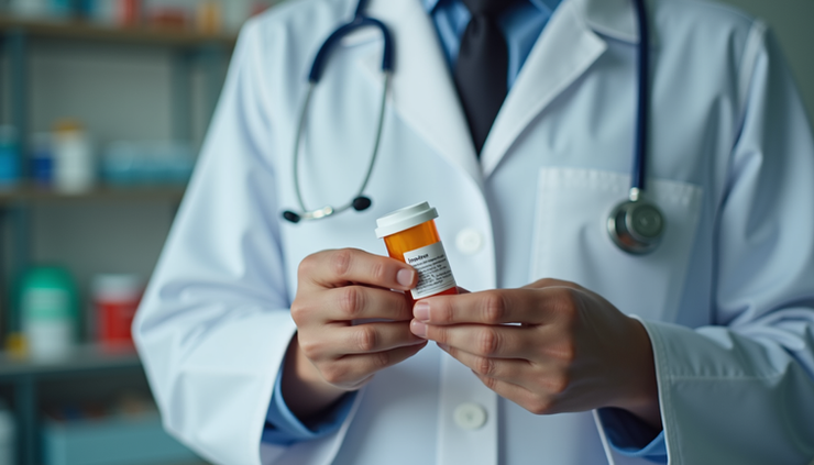 Close-up view of medication aide checking medication labels before administration