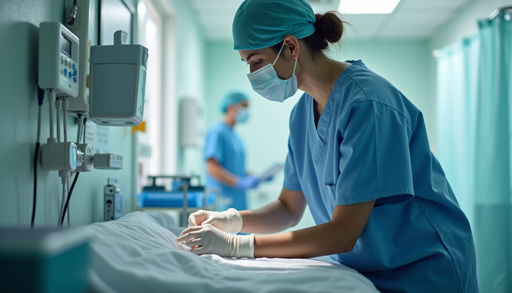Eye-level view of a patient care technician preparing medical equipment in a hospital room