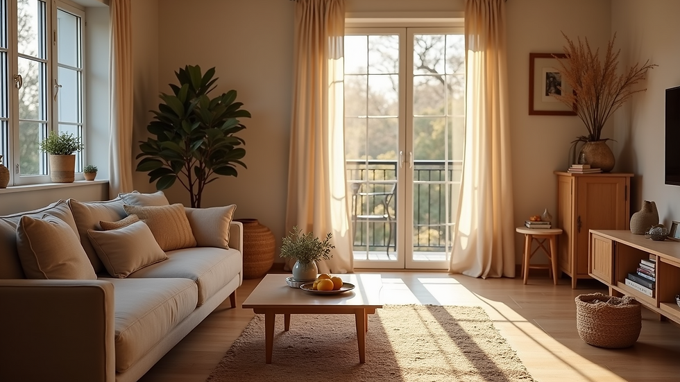 Wide angle view of a warm and inviting living space with cozy decor