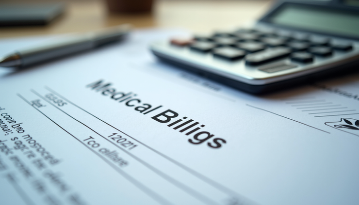 Close-up view of a medical billing document with a calculator and pen on a desk