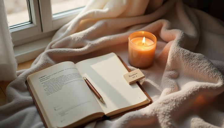 High angle view of a cozy corner with a notebook, candle, and soft blanket, symbolizing relaxation and reflection