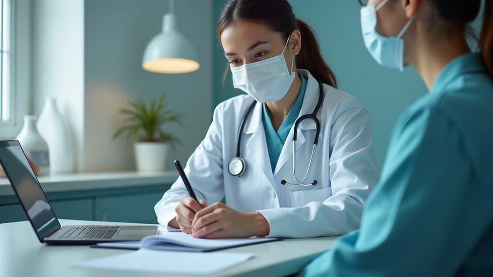Eye-level view of a medical assistant preparing for a patient consultation