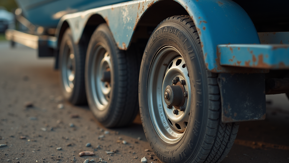 Close-up view of a boat trailer tire and wheel bearing being lubricated