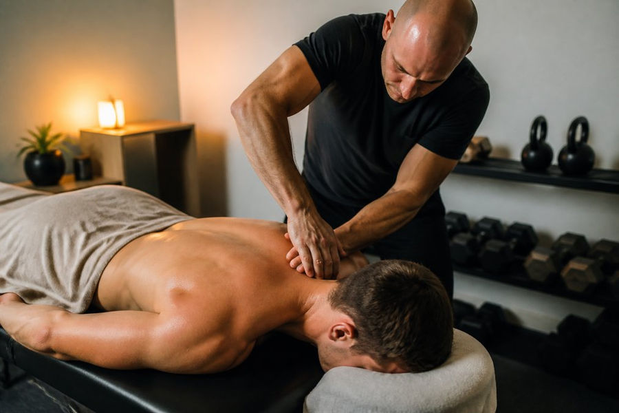 Registered massage therapist performing deep tissue massage on athlete's shoulder in professional clinical setting with warm lighting