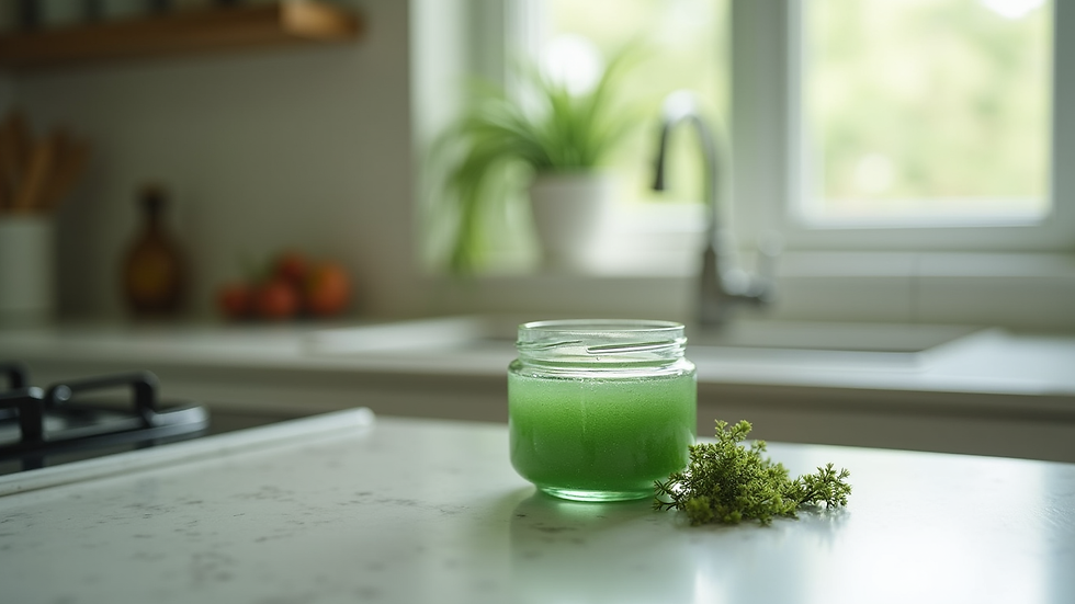 Eye-level view of a jar of wildcrafted sea moss gel on a kitchen counter