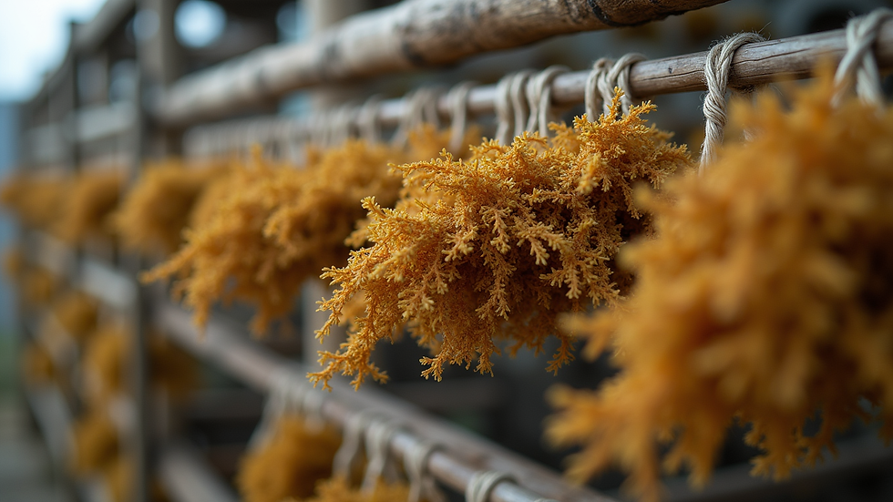 Close-up view of wildcrafted sea moss drying on a wooden rack