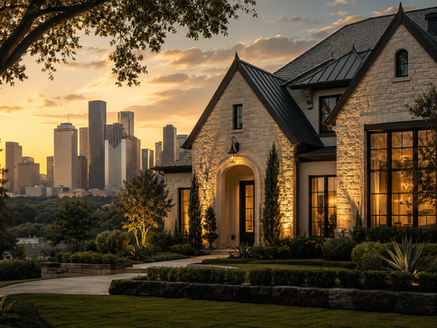 Texas home and skyline at sunset representing long-term real estate investment strategy.