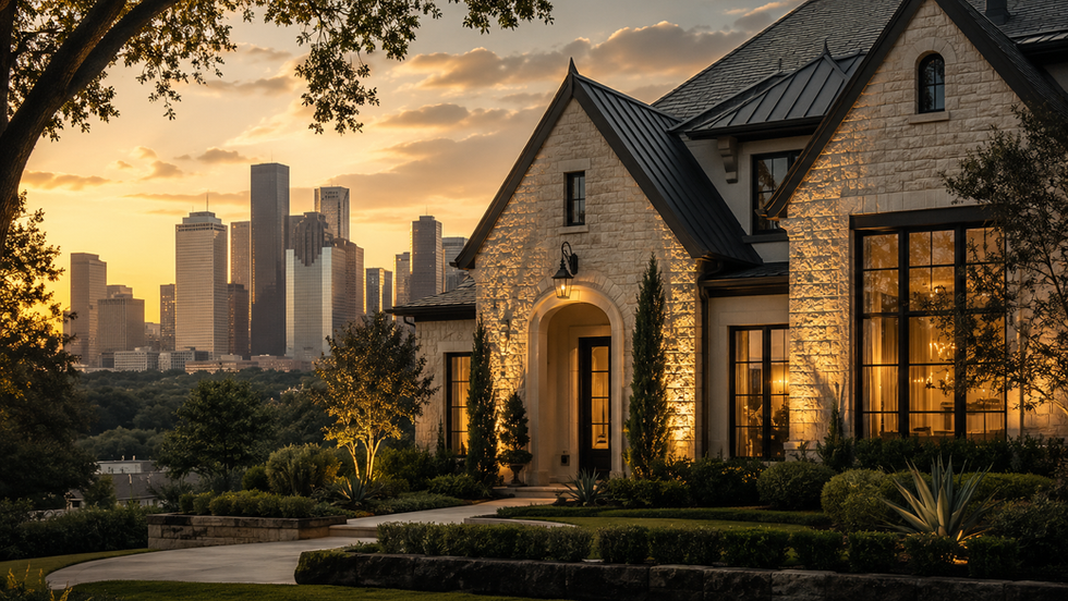 Texas home and skyline at sunset representing long-term real estate investment strategy.