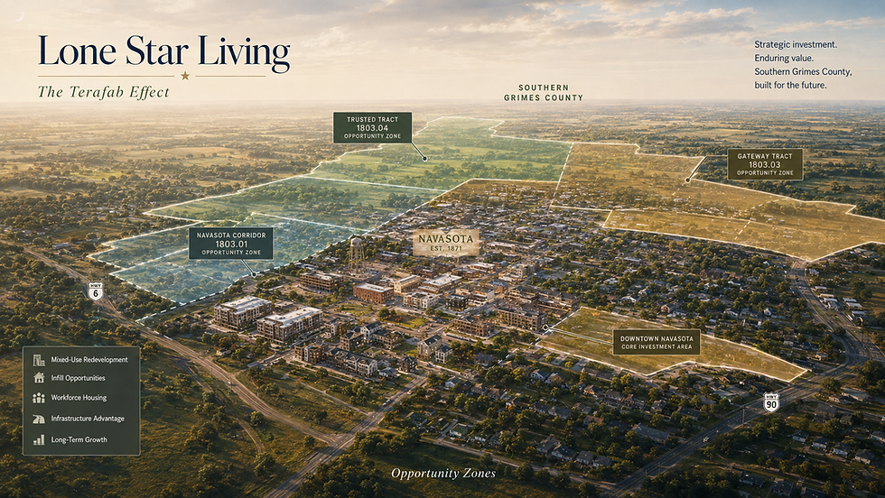 Opportunity Zone investment concept centered on Navasota and southern Grimes County.