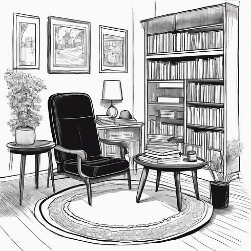 black and white, a pencil sketch comic style of an office of a psychotherapist with books,
