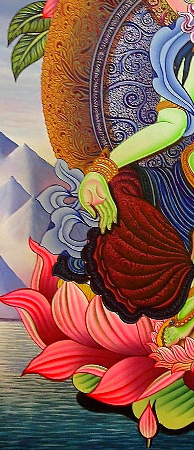 Миниатюра: Tara Green, Om Mani Padme Hum, Buddhist, Tibetan, Art, Mandala, Mantra, Thangka, Thanka, Painting