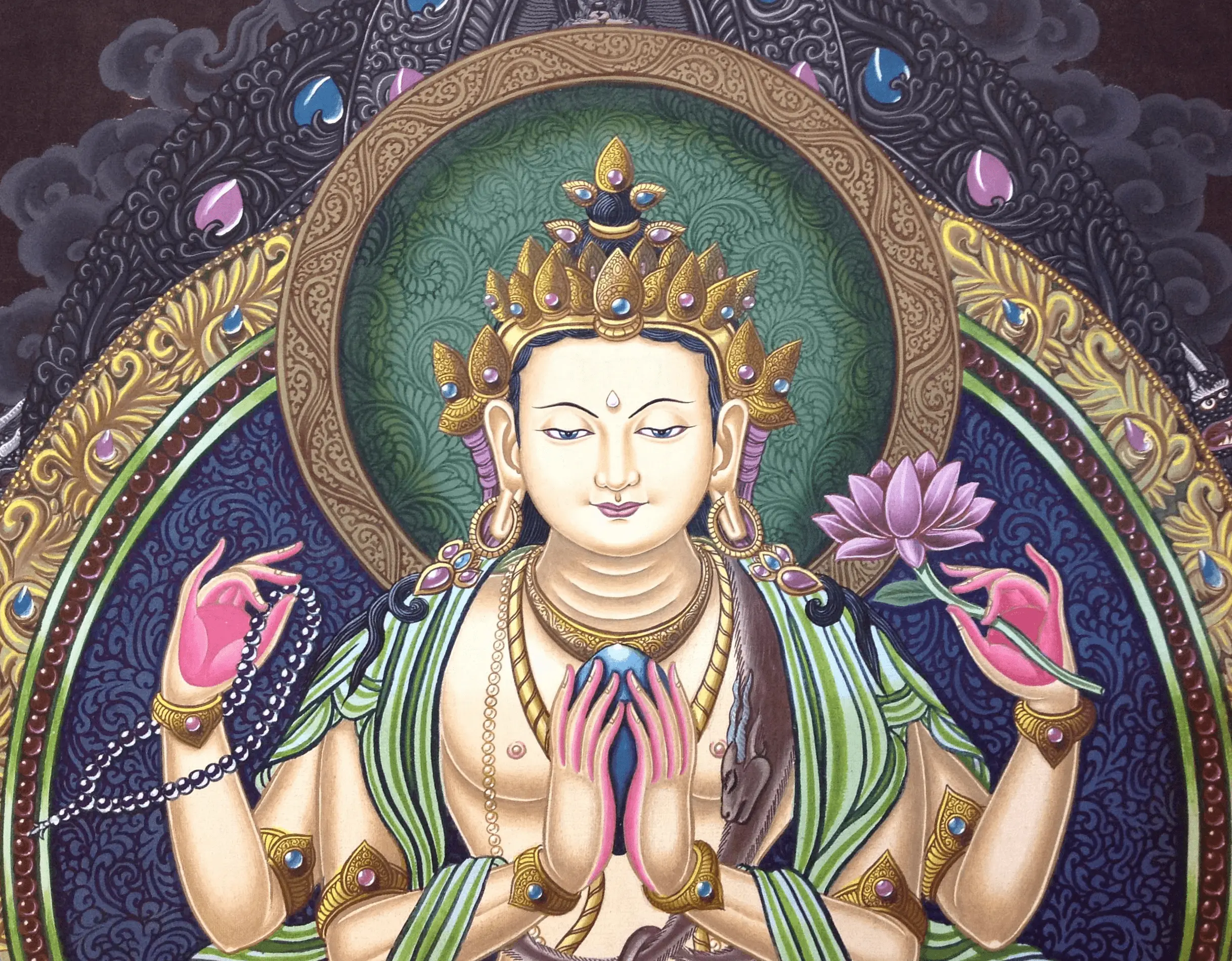 Chenrezig Tibetan Thangka close up. Gammas Art Gallery
