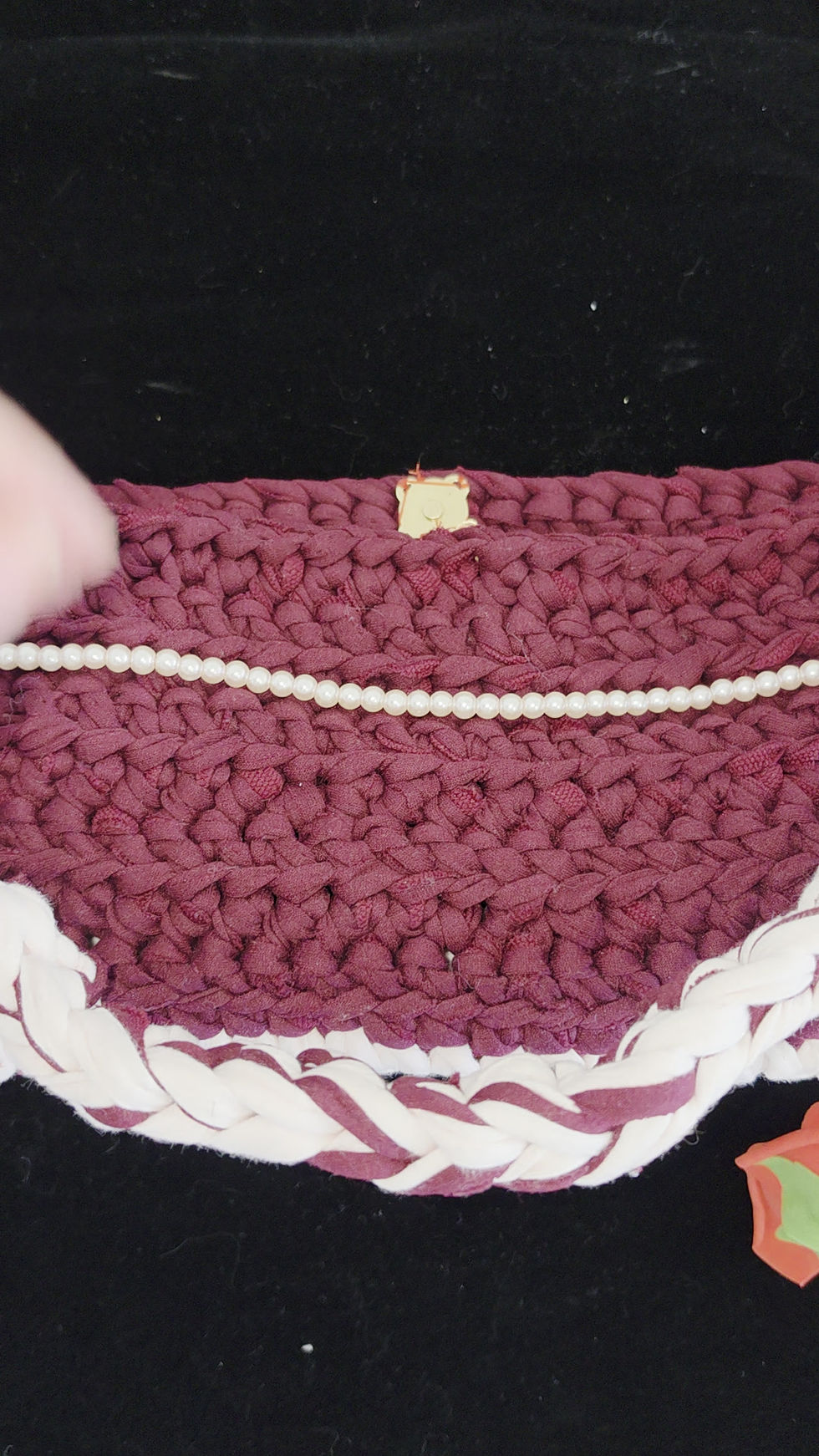 Thumbnail: Burgundy Crochet Shoulder Bag, Handmade T Shirt Yarn Bag, Pearl Detail