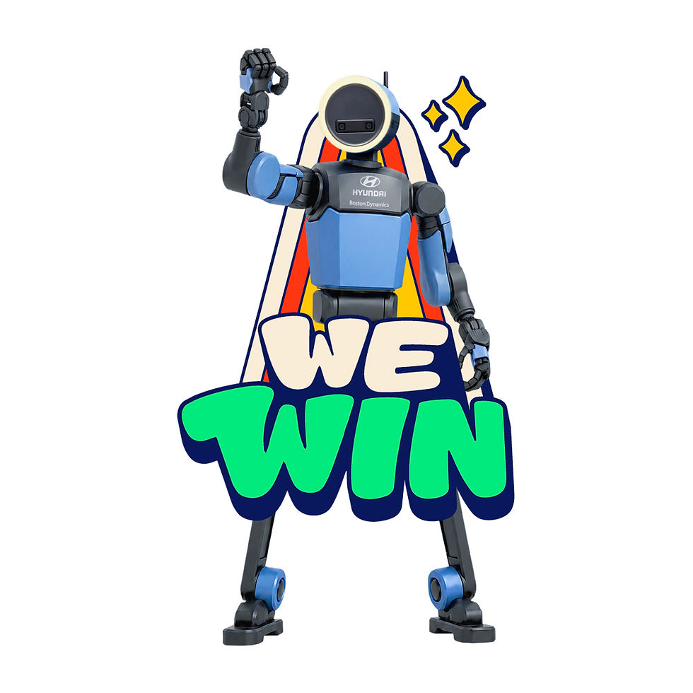 Football robot character celebrating with We Win lettering