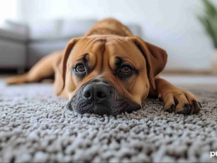 dog looking sad laying on a carpet