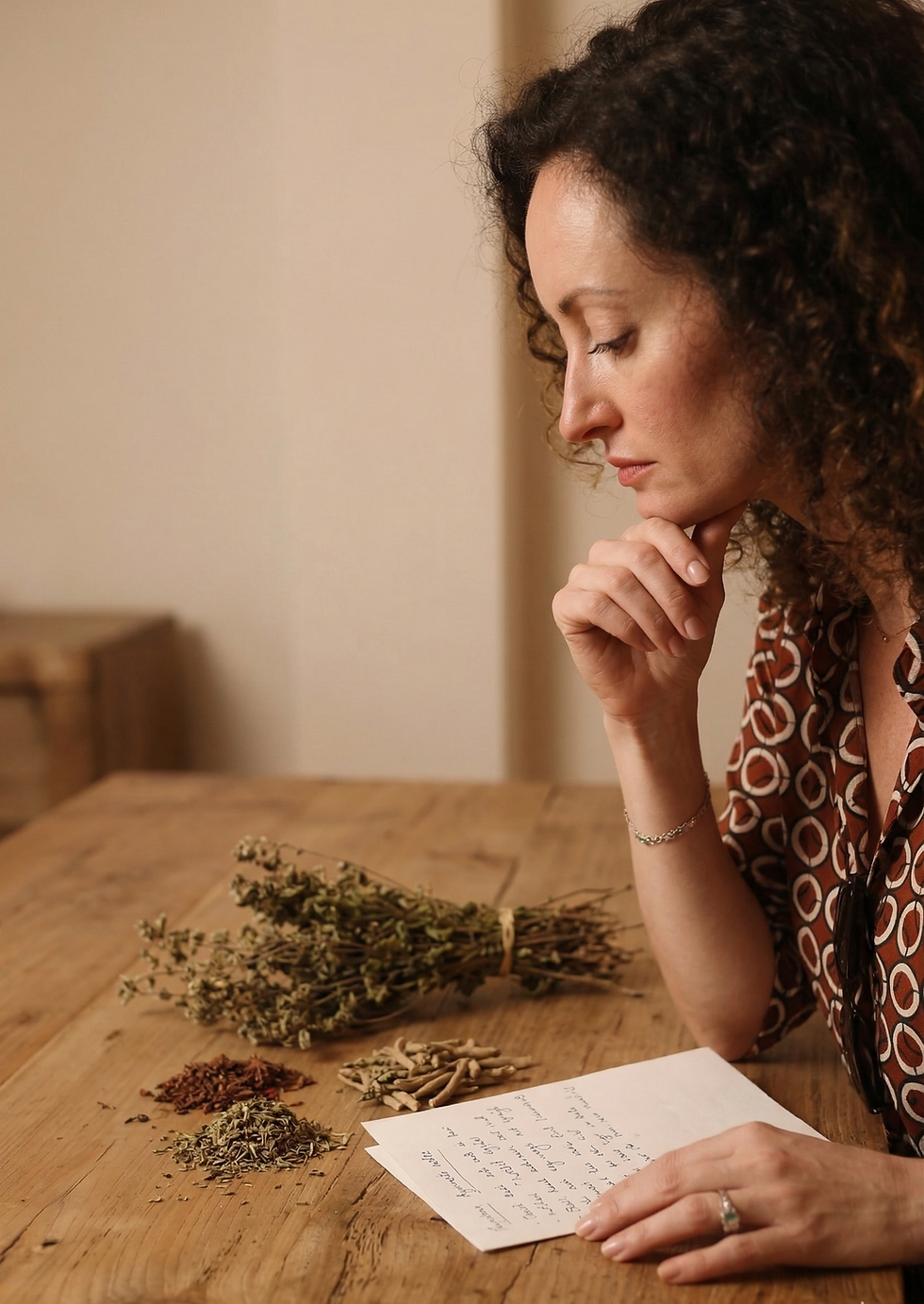 Founder Sara focuses intensely while analyzing a personalized Ayurvedic client case and herbal blending charts, illustrating Authentic Personalized Ayurveda that goes beyond standardized health templates.