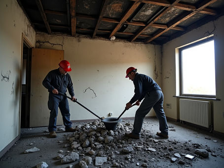 Fire damage restoration professionals cleaning a damaged room