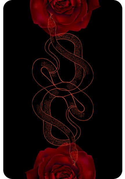 Back of card in black and red snakes and roses