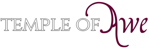 Temple of Awe Logo Font. Temple of in Cinzel font in creamy white. AWE in deep royal pinkish purple and flourished font.