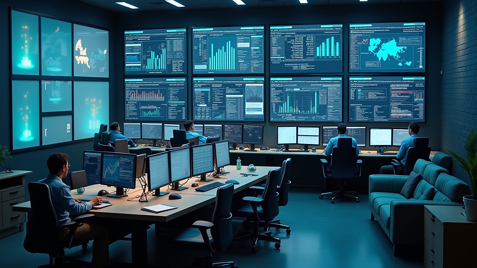 High angle view of a logistics control room with multiple screens monitoring supply chain data