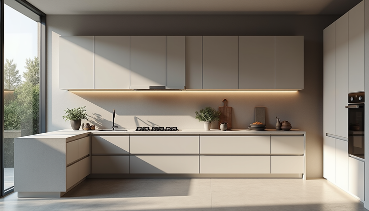 High angle view of a sleek kitchen with minimalist design and integrated appliances