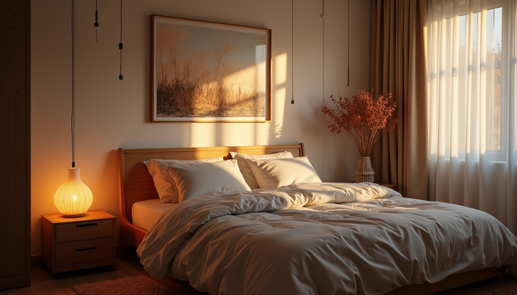 High angle view of a cozy and well-designed bedroom with warm lighting