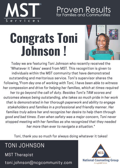 Therapist Toni Johnson earns award from MST Services