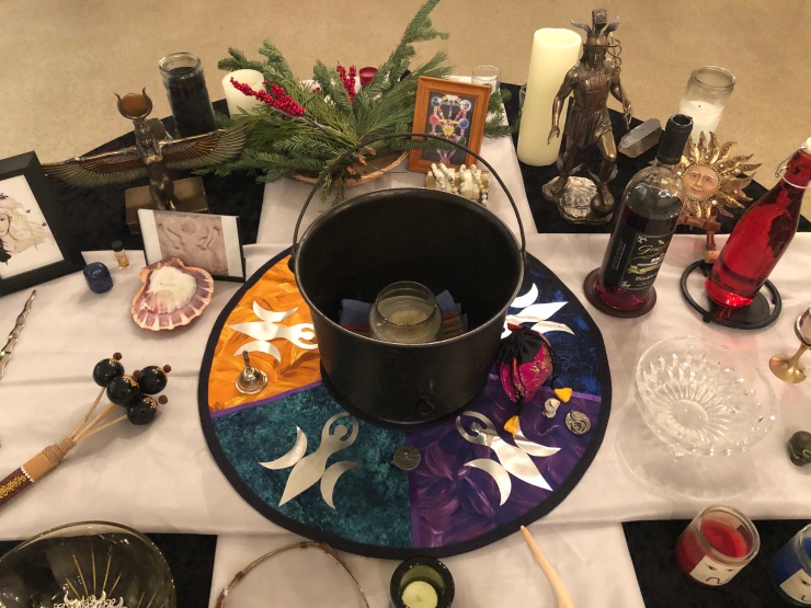 Spirit’s Edge Shamonial Temple Altar from Winter Solstice / Yule Ritual, with statue of Hermes and of the Sun, and statue of Isis and images of Persephone and Aphrodite, Dec. 15, 2018