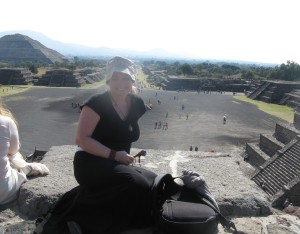 Me on the Temple of the Moon, with Central Altar in front, Dec. 30, 2014 at Teotihuacan