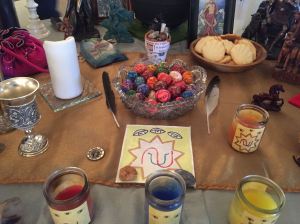 Spider has a prominent place on our Spirit’s Edge Shamonial Temple altars, such as this one from Ostara 2017. We call on Spider as part of our call to the Great Spirit, lighting the candle in our Cauldron of Spirit.