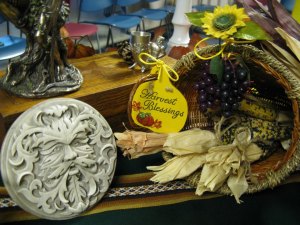 Our Cornucopia from our first Spirit's Edge: A Seeker's Salon public ritual gathering at Mabon 2012. It sits in a place of honor in The Witch's Croft, the heart of the work of the Spirit's Edge Mystery School